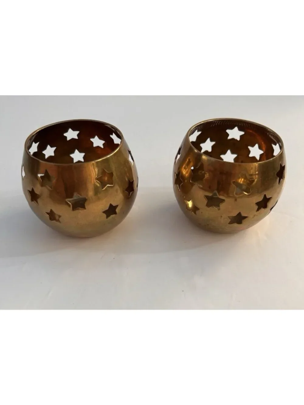 Vintage Set of 2 Brass Celestial Star Cutout Candleholders Goldtone Votive India